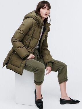J. Crew Chateau Puffer Jacket with PrimaLoft Hooded Coat Olive Green Size S TALL